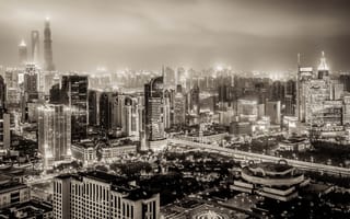 Картинка Huangpu, Китай, Хуанпу, Shanghai, панорама, здания, Шанхай, чёрно-белая, ночной город, China