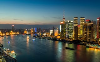 Обои Shanghai, здания, огни, ночной город, небоскрёбы, река Хуанпу, China, панорама, Шанхай, Huangpu River, Китай