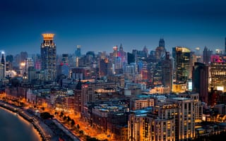 Картинка China, здания, Хуанпу, ночной город, Шанхай, Shanghai, Huangpu, панорама, набережная, Китай
