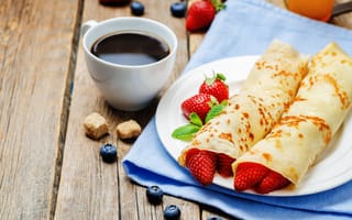 Картинка черника, кофе, завтрак, блины, pancakes, ягоды, клубника