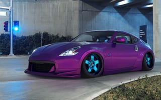 Картинка violet, lilac, светофор, тоннель, перекрёсток, avto, car, дорога, авто, фиолетовая, Nissan, машина, 370 Z, purple, Ниссан, лиловая, сиреневая