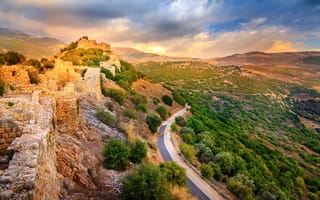 Картинка камни, Нимрод, крепость, развалины, Golan Heights, кусты, горы, Nimrod Fortress National Park, дорога, Израиль, долина
