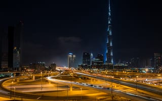 Картинка city, здания, Дубай, Burj Khalifa, дома, мосты, naght, вечер, дороги, Dubai, высотки, Бурдж Халифа