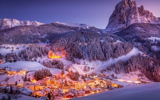 Картинка зима, городок, вечер, Альпы, ночь, снег, свет, горы