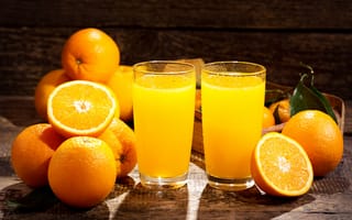 Картинка апельсины, стаканы, цитрусы, фрукты, оранжевые, сок