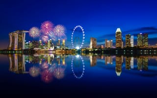 Картинка ночь, ночной город, Сингапур, залив, огни, Город-государство, освещение, отражение