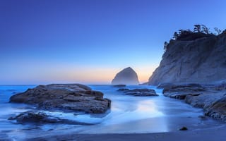 Картинка Pacific City, камни, океан, USA, США, песок, скала, рассвет, Орегон, берег, Oregon