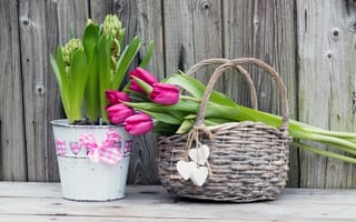 Картинка цветы, букет, hearts, tulips, flowers, корзинка, spring, romantic, тюльпаны, purple, wood