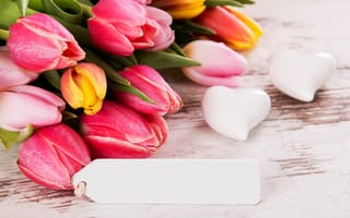 Картинка цветы, hearts, тюльпаны, romantic, love, букет, wood, spring, tulips