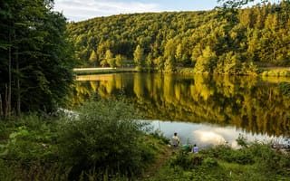 Картинка лес, озеро, лето, отдых, удочка, на природе, Attendorn, зелень, кусты, Германия, рыбак, lake Biggesee, деревья