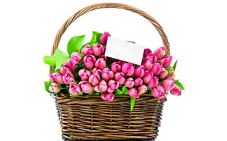 Картинка цветы, корзина, tulips, pink, spring, тюльпаны, букет, romantic, розовые тюльпаны