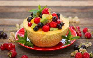 Картинка ягоды, смородина, салат, dessert, клубника, фрукты, fruit salad, дыня, малина