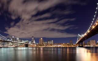 Картинка brooklyn bridge, сша, небо, панорама, new york, usa, нью-йорк, огни, город, бруклинский мост, city, вечер, облака