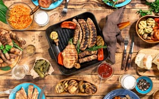 Картинка мясо, wood, grilled, овощи, барбекю, гриль, meat