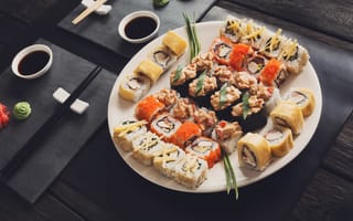 Картинка палочки, суши, set, sushi, japanese food, соус, вассаби, имбирь, роллы