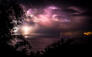 Картинка облака, ночь, вода, молнии, Коста Рика