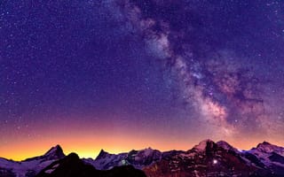 Картинка Швейцария, млечный путь, звезды, горы, ночь, свет, Альпы, небо