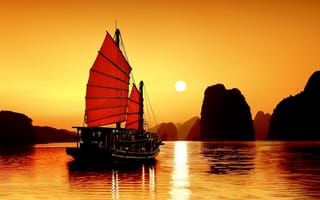 Картинка вечер, залив Ха Лонг, океан, джонка, Вьетнам