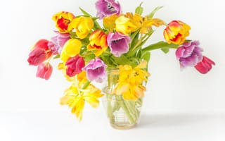 Картинка цветы, букет, beautiful, весна, flowers, тюльпаны, spring, fresh, colorful, tulips, wood, bright