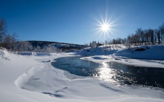 Картинка зима, солнце, речка, снег