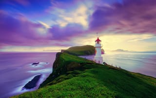 Картинка Исландия, океан, остров, Фарерский архипелаг, день, Август, маяк, выдержка, Мичинес, Фарерские острова, облака, небо, лето