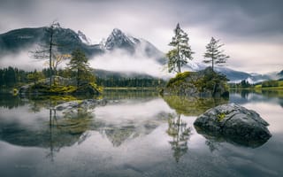Картинка Бавария, Германия, озеро, туман, горы, скалы