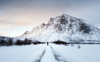 Картинка зима, гора, дорога, человек