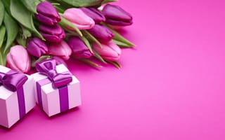 Картинка букет, тюльпаны, gift, romantic, love, подарки, flowers, fresh, pink, purple, бант, tulips, розовые