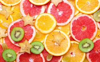 Картинка грепфрут, текстура, fruit, виноград, grapefruit, orange, цитрусы, фрукты, апельсин, киви, дольки, citrus, карамбола