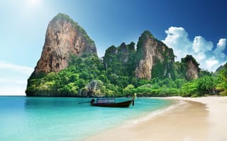 Картинка океан, Thailand, утесы, пляж, лодка