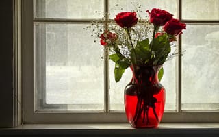 Картинка цветы, зима, окно, ваза, розы