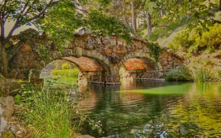 Картинка река, листва, деревья, берега, мост, каменный