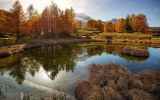 Картинка осень, свет, отражение, горы, пруд, природа