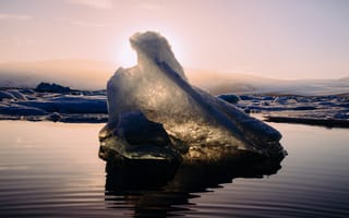 Картинка лед, море, небо, Исландия, солнце, рассвет, берег, вода