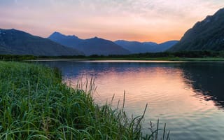Картинка лес, деревья, закат, река, камыш, Россия, горы, вечер