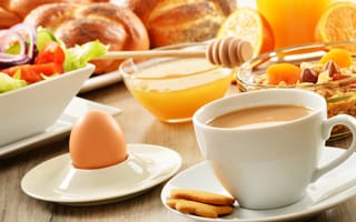 Обои завтрак, чашка, салат, мюсли, выпечка, еда, мед, яйцо, кофе, булочки, фрукты, печенье