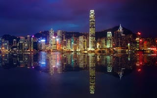 Обои Hong Kong, ночь, залив, здания, огни, отражения, небоскребы, гонг конг, вечер, город