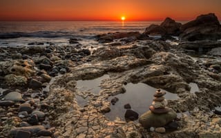Картинка Chemical Beach, горизонт, солнце, рассвет, GB, пляж, England, Seaham, камни, океан