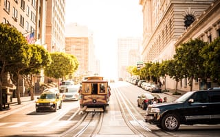 Картинка деревья, машины, трамвай, люди, San Francisco, улица, город