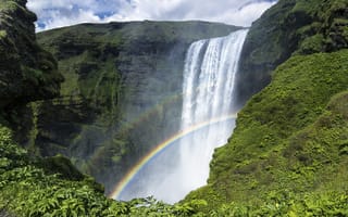 Картинка Skogafoss, скалы, Iceland, водопад Скоугафосс, Исландия, радуга