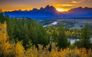 Картинка осень, лес, закат, горы, Snake River View, река, солнце, Grand Tetons, США