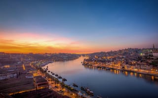 Картинка Porto, огни, мост, Portugal, город, река, рассвет