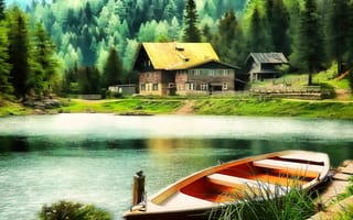 Картинка Рисунок, Озеро, Art, Лодка, Арт, Boat, Lake