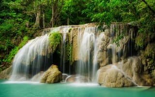 Обои лес, beautiful, jungle, waterfall, река, камни, водопад, tropical, landscape, forest, river