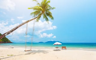 Обои песок, tropical, sea, paradise, солнце, пляж, берег, sand, palms, beach, summer, море, island, пальмы