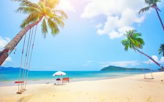 Обои солнце, summer, пляж, paradise, island, пальмы, palms, песок, tropical, море, берег, sand, beach, sea