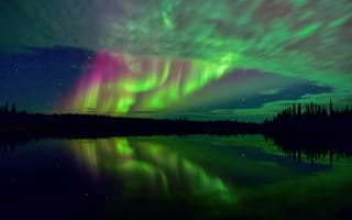 Картинка Северная Канада, лес, тундра, северное сияния, небо, арктика, выдержка, отражения, звезды, ночь, озеро