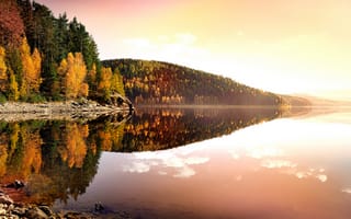 Обои осень, Erzgebirgskreis, берег, отражение, деревья, листья, Германия, закат, природа, озеро, вечер, желтые, вода, пейзаж, Рудные Горы, Deutschland
