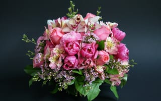 Картинка розы, букет, альстромерия, орхидея, tulips, roses, beautiful, тюльпаны