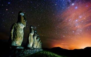 Картинка Осторв Пасхи, статуи Моаи, звезды, Рапа-Нуи, млечный путь, Магелановы облака, ночь